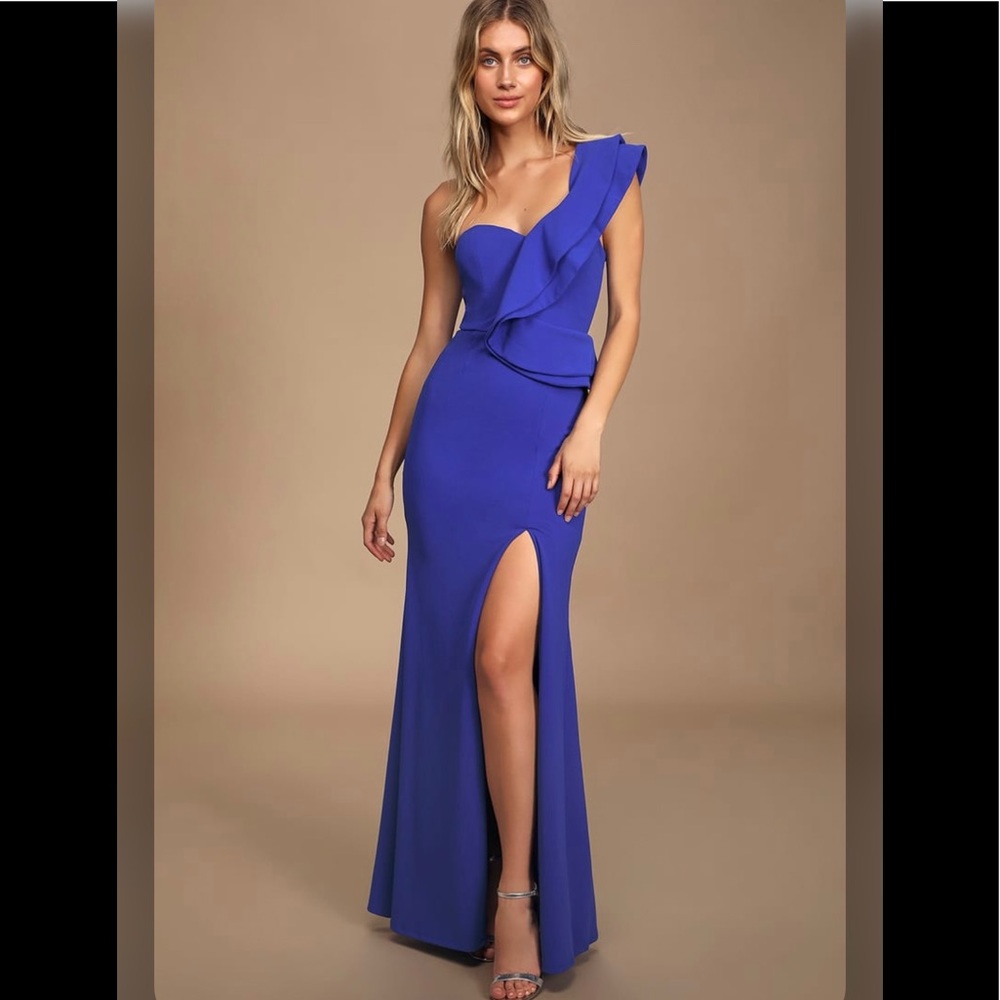 Lulus Kiss Me Again Blue Ruffled One-Shoulder